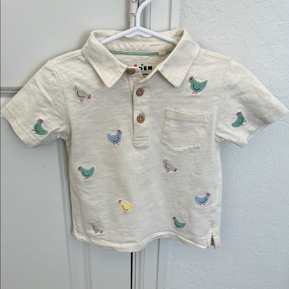 Mini Boden Kids Cream Shirt with Embroidered chickens 🐓